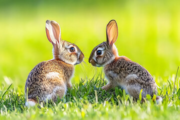 Fototapeta premium Two adorable brown baby rabbits face each other in lush green grass their long ears alert and curious.
