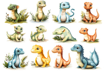 Fototapeta premium Watercolor illustrations of twelve adorable baby dinosaurs in various colors and poses surrounded by foliage.
