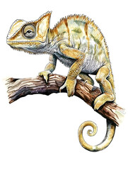 Obraz premium Watercolor style illustration of a chameleon with curled tail perched on a branch facing left.