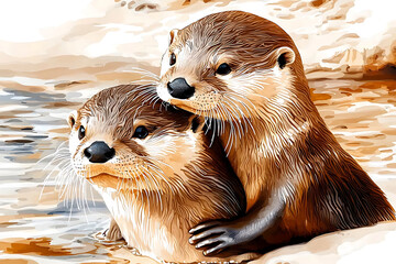 Two otters are depicted in a loving embrace one perched on the other in a watercolor-style illustration.