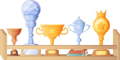 Display shelf showcasing gold, silver, and bronze trophies with unique designs.