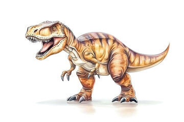 Cartoon-style Tyrannosaurus Rex illustration featuring brown and tan scales small arms sharp teeth and a white background.