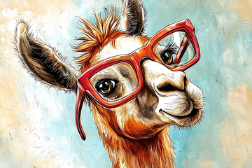 A whimsical illustration shows a llama wearing oversized red glasses set against a textured painterly light blue and tan background.