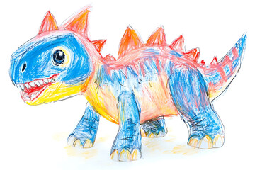 Fototapeta premium Child's crayon drawing of a spiky dinosaur colored in blue red and yellow hues on white background.