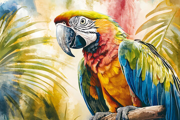 Watercolor painting of a colorful macaw perched on a branch surrounded by lush tropical foliage.