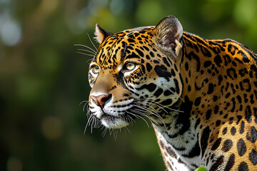 Obraz premium A close-up of a jaguar's head in profile showcasing its spotted coat and intense gaze against a blurred green background.