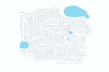 Abstract city map vector illustration with urban layout and water areas. Minimalist and modern city plan design for backgrounds, posters, and infographics.