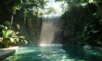 Majestic tropical waterfall cascading into a crystal-clear pool surrounded by lush green foliage, illuminated by natural sunlight for a tranquil and exotic atmosphere,