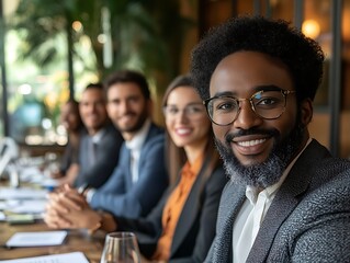 Team of people smiling at the camera in meeting