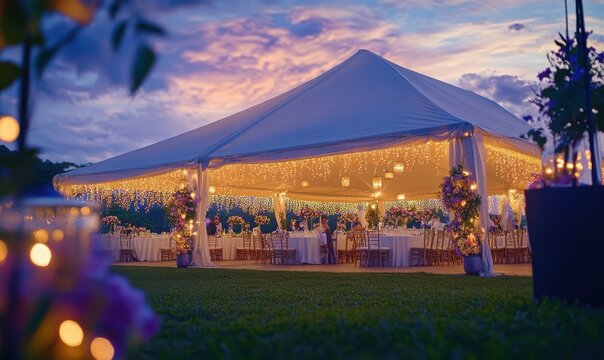 Elegant outdoor wedding reception under a tent adorned with fairy lights and floral decorations, set against a twilight sky.