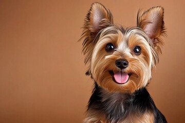 Fototapeta premium Yorkshire Terrier dog on colorful background, showcasing playful and charming expressions.