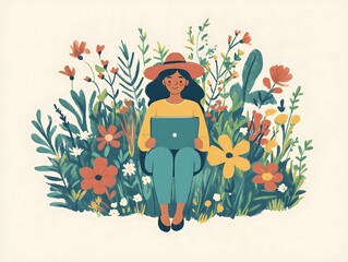 A woman in a hat holds a laptop surrounded by flowers