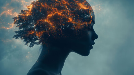 Woman Tree Nature Tech AI Digital Mind Concept