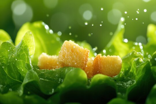 Close-up of Salad Croutons on Lettuce Leaves