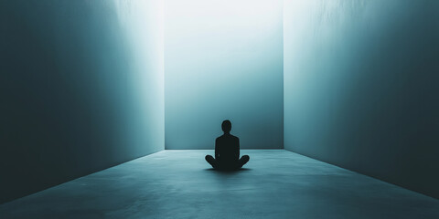 Obraz premium A solitary silhouette meditating in a serene space, capturing tranquility and introspection.