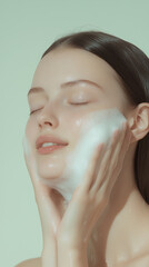 Naklejka premium Women washing her face beauty photo. Beauty ritual,cleansing, skincare, mockup 