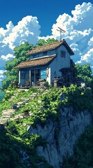 An isolated house on a mountain peak overlooks a bright blue sky