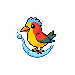 Fototapeta premium Colorful Cartoon Bird Perched on a Playful Water Splash