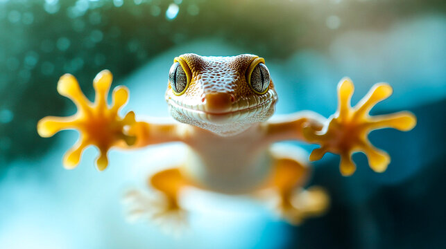 Adhesive hands, paws of a reptile gecko on a glass wall view from below breathtaking first person view. Funny exotic lizard in wild nature of jungles.