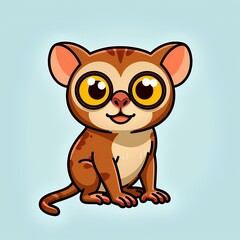 Obraz premium A simple cartoon bushbaby with wide eyes and a smiling face sitting on a flat pale-blue surface / Un galago de dibujos animados sencillo con ojos grandes y sonrisa, sentado sobre una superficie 