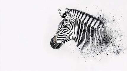 A zebra's head appears to dissolve into scattered particles against a white background creating a surreal and artistic effect of transformation and motion

