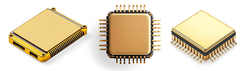 Gold-Plated Electronic Microchip with Connectors on a Transparent Background