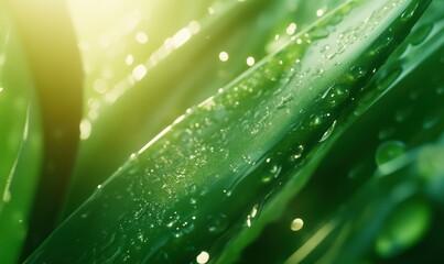 Macro view of a lush green aloe vera leaf glistening with water droplets under soft sunlight, showcasing its natural texture and vibrant tone
