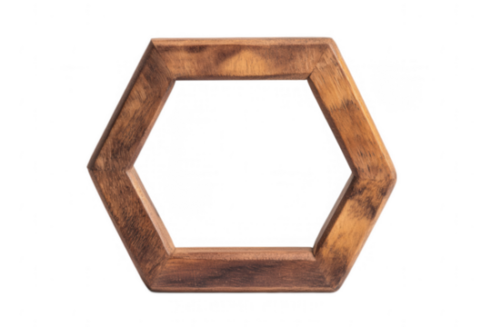 Wooden hexagon frame with a transparent background suitable for various design needs including art displays, invitations, and decorative purposes - Powered by Adobe