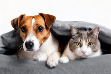 jack Russell the dog and the cat look at the camera. Portrait of a peaceful dog and cat lying. dog and cat laying on a pillow under a blanket. Dog and cat at home. Pets friendship

