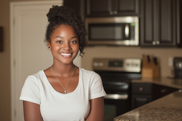 Beautiful young woman smiling in a modern kitchen, exuding a natural and stylish elegance