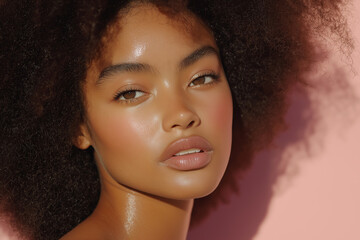 Beauty portrait of a model with natural elegance and glowing skin, featuring afro and fashion style