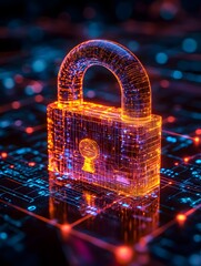 Close-up of a glowing digital padlock amid binary code and data streams, symbolizing cyber security. The futuristic style makes it ideal for media on technology, digital safety, and data protection.