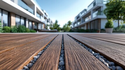 Fototapeta premium Modern wood decking between contemporary apartment buildings on a sunny day