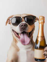 Dog celebration with sunglasses, champagne, and a happy smile for party joy and pet fun.