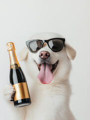 Dog breed wearing sunglasses and holding champagne bottle at a celebration party