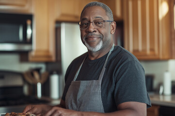 Man with apron smiling in kitchen, wearing glasses, cooking with wood and enjoying meal
