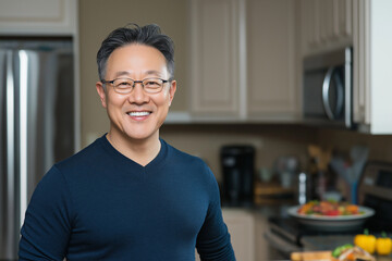 Portrait of a smiling man in a kitchen with glasses and a casual outfit, indoors and happy