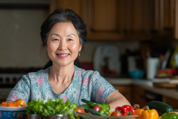 Woman smiling in kitchen surrounded by fresh vegetables, cooking in a healthy home lifestyle environment