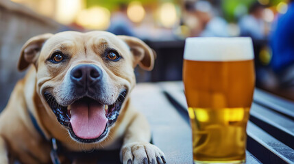 Dog enjoying beer at park, happy leisure time with outdoor smile and pet nearby