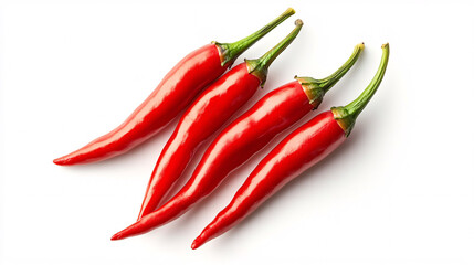 A close-up of four glossy red chili peppers arranged in a neat row on a clean white background, emphasizing freshness and spice

