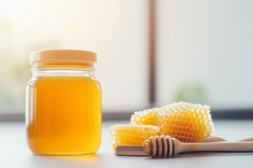 Golden honey in a jar with honeycomb: Sweet, fresh, natural, and delicious organic treat.