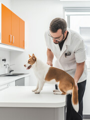 Basenji dog at veterinarian clinic for canine health examination and medical care checkup