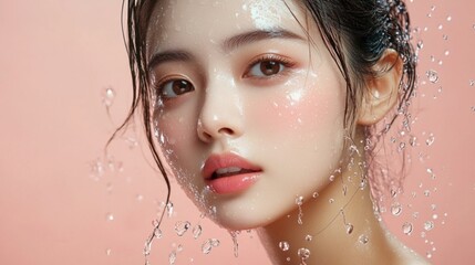 フェイシャルケアをイメージした若い女性のアップ