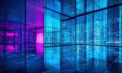 Futuristic cityscape at night with glowing neon lights in shades of blue and purple, sharp architectural lines and reflections on glass surface