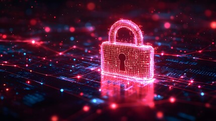 Close-up of a glowing digital padlock amid binary code and data streams, symbolizing cyber security. The futuristic style makes it ideal for media on technology, digital safety, and data protection.