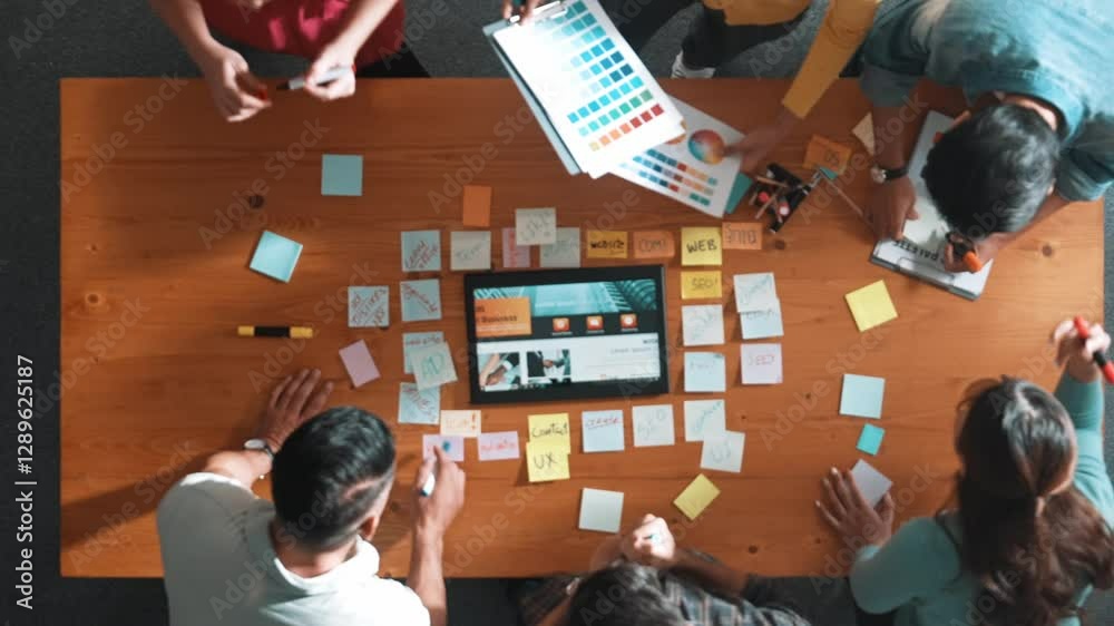Poster top view of business people working together to design web design. aerial view of designer brainstor