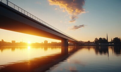 Fototapeta premium Modern architectural bridge spanning a river, with sleek lines and soft reflections on the water under golden evening light,