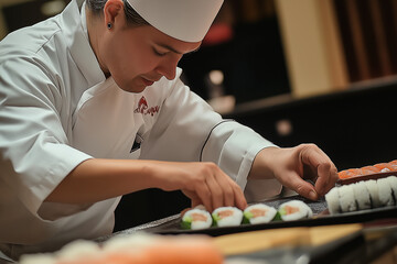 Professional chef preparing sushi in a Japanese restaurant with culinary expertise and artistry