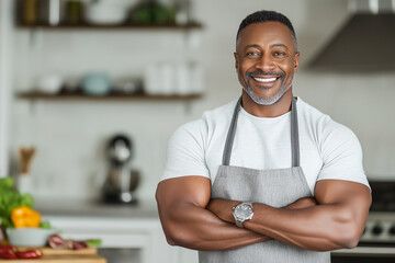 Smiling man in apron cooking in a modern kitchen, showcasing gourmet culinary lifestyle at home