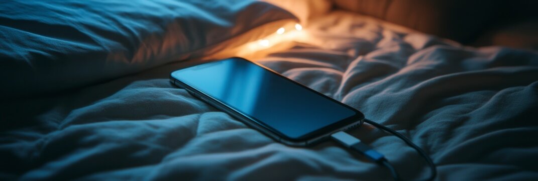 A smartphone lies on a cozy bed while charging, surrounded by the warm glow of soft fairy lights. The room's ambiance creates a peaceful atmosphere.